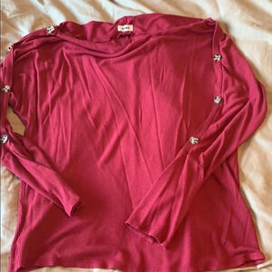 Maroon waffle boat neck top with button details, L